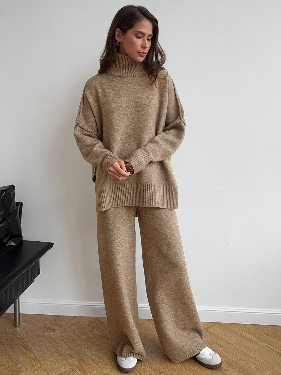 Anouk | Womens High Neck Knitted Jumper and Trousers Set - Khaki