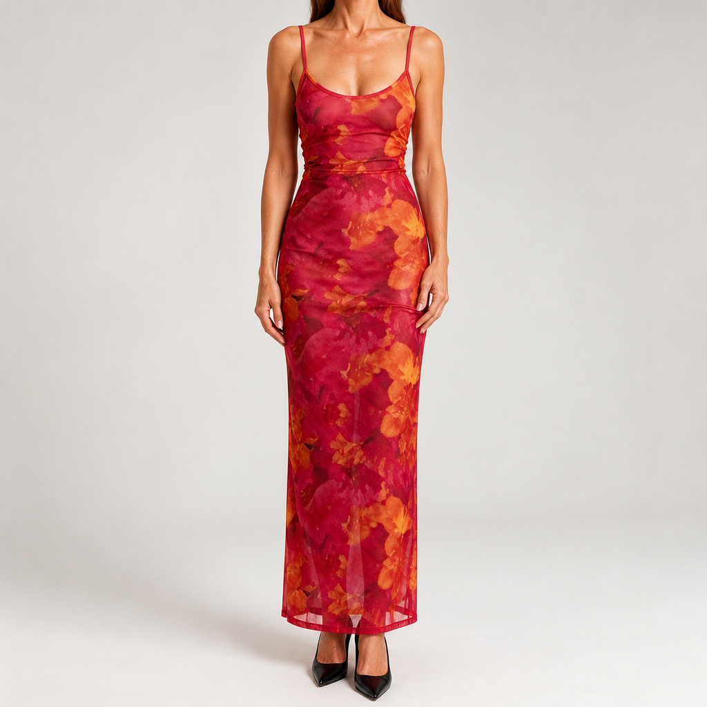 Anouk | Womens Printed Mesh Bodycon Mermaid Long Party Wedding Guest Dresses, Multi