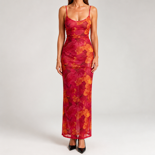 Anouk | Womens Printed Mesh Bodycon Mermaid Long Party Wedding Guest Dresses, Multi
