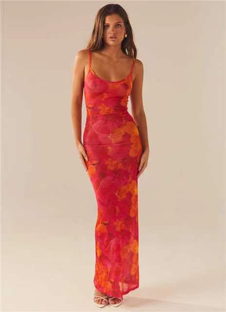 Anouk | Womens Printed Mesh Bodycon Mermaid Long Party Wedding Guest Dresses - Multi