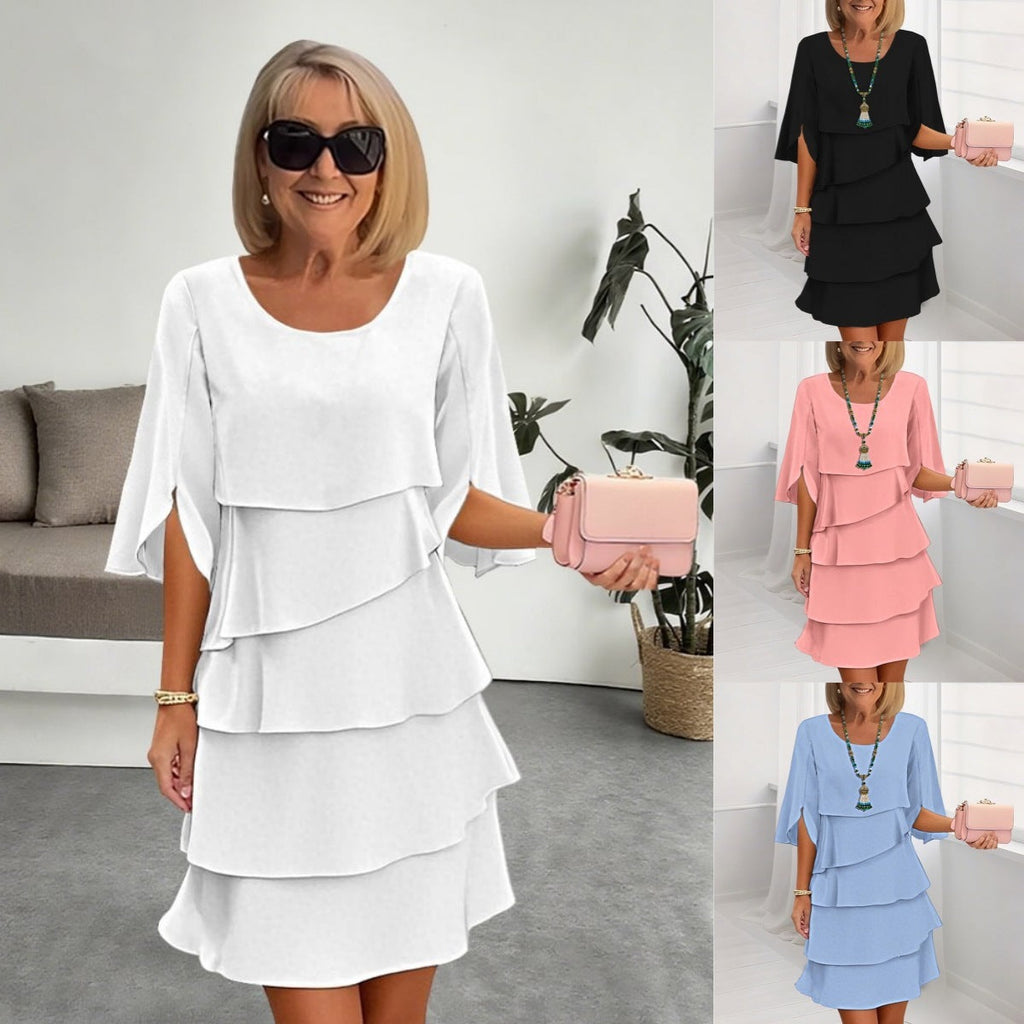 Antonia | Womens Round Neck Tiered Patchwork Midi Wedding Guest Dresses - 1