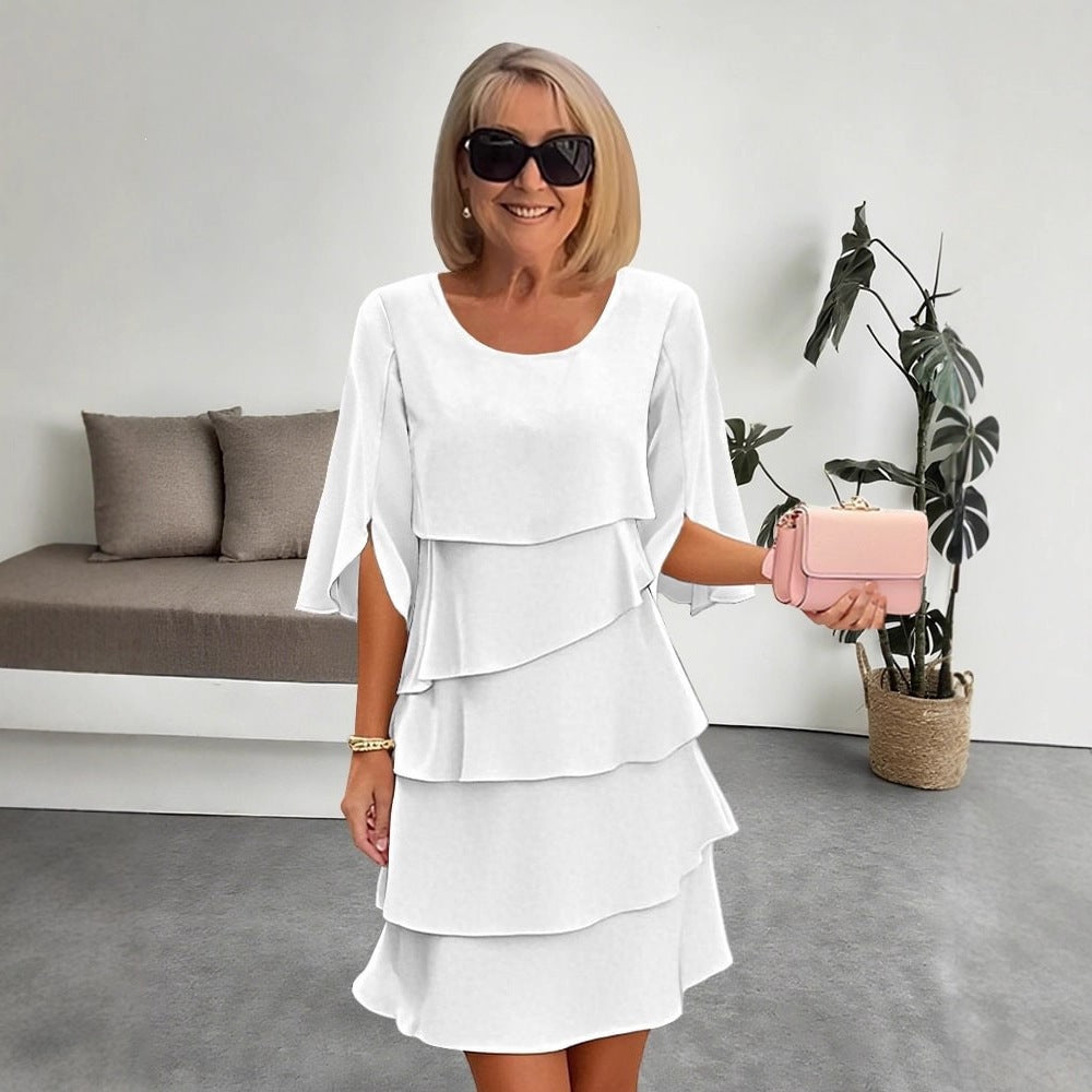 Antonia | Womens Round Neck Tiered Patchwork Midi Wedding Guest Dresses - 2