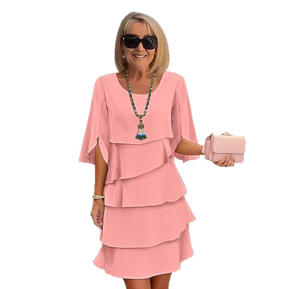 Antonia | Womens Round Neck Tiered Patchwork Midi Wedding Guest Dresses - 5