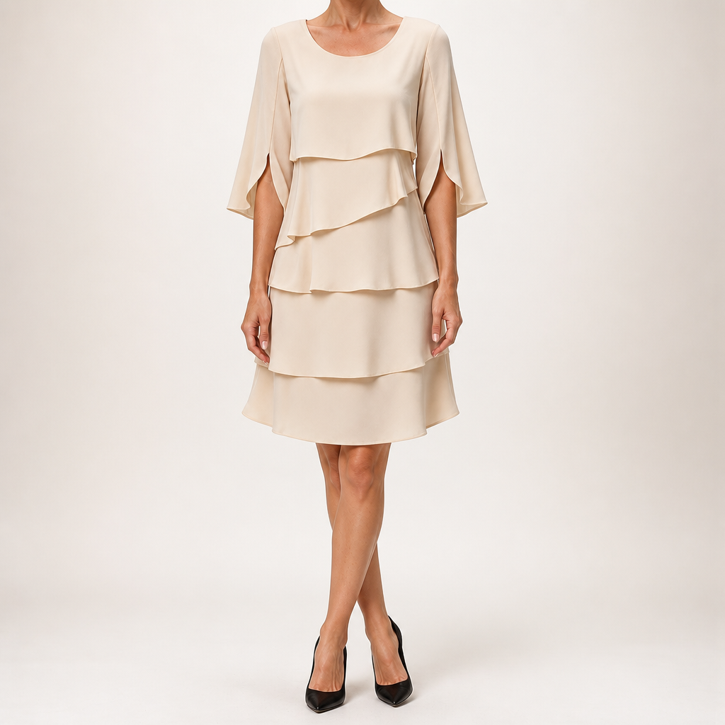 Antonia | Womens Wedding Guest Midi Dresses Round Neck Tiered Patchwork Dress, Apricot