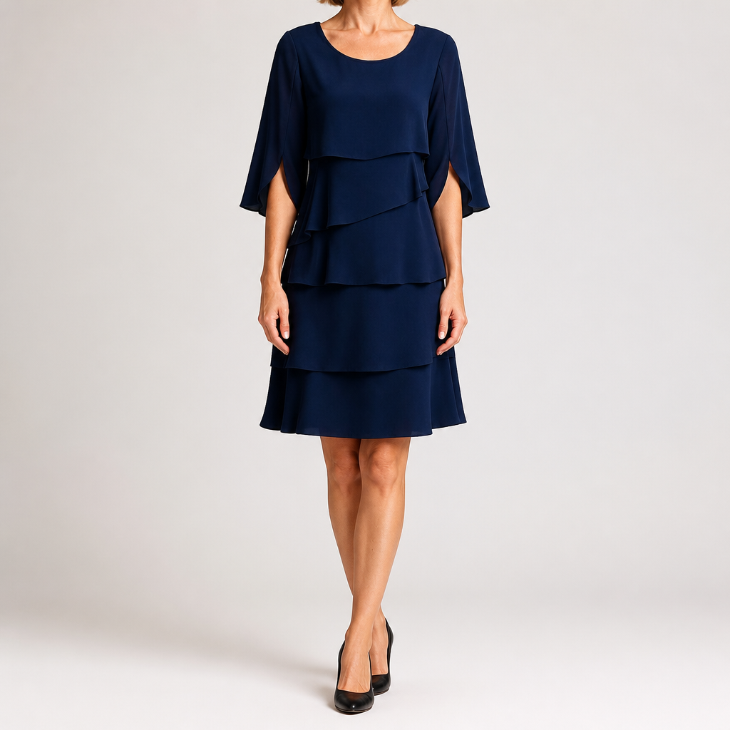 Antonia | Womens Wedding Guest Midi Dresses Round Neck Tiered Patchwork Dress, Navy Blue