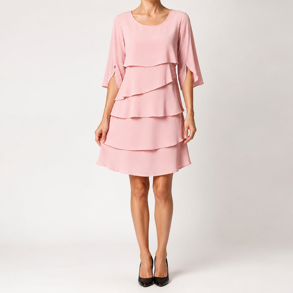 Antonia | Womens Wedding Guest Midi Dresses Round Neck Tiered Patchwork Dress, Pink