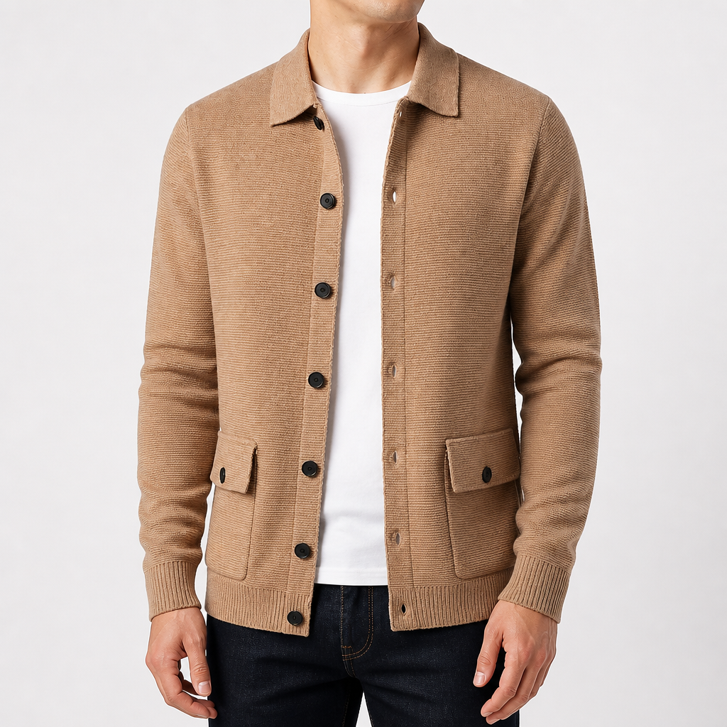 Auberon | Mens Cardigan Knit Business Casual Slim Fit Jumper Outerwear, Khaki