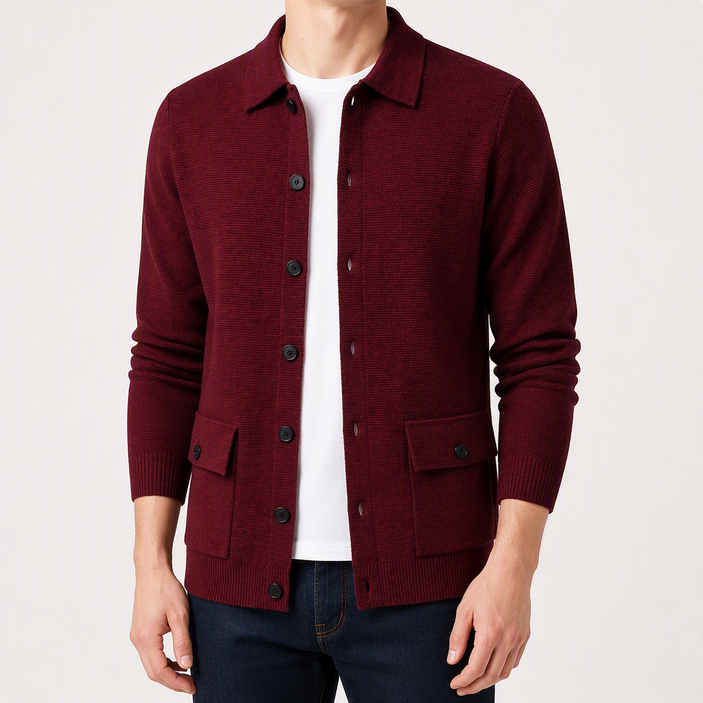 Auberon | Mens Cardigan Knit Business Casual Slim Fit Jumper Outerwear, Wine Red