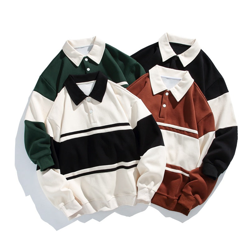 Aubrey | Mens Striped Double Zip Pique Sweatshirt Turn Down Collar - 1