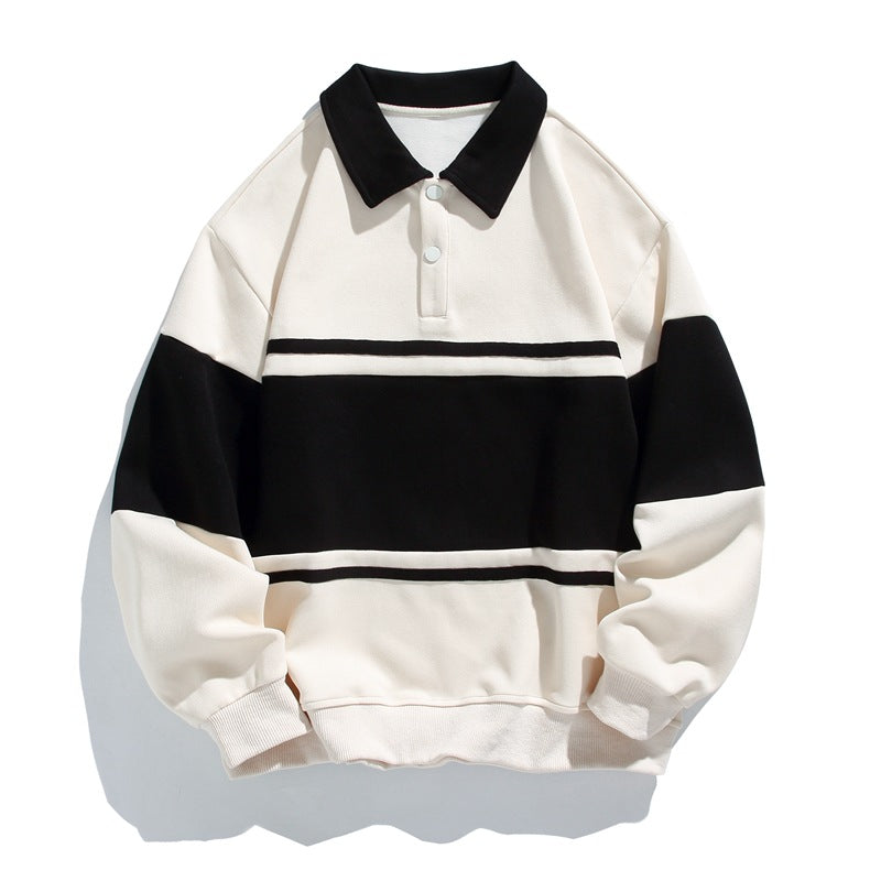 Aubrey | Mens Striped Double Zip Pique Sweatshirt Turn Down Collar - 4