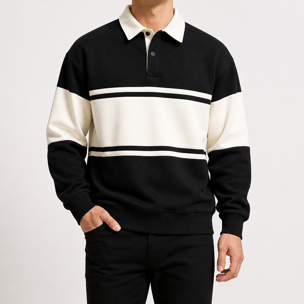 Aubrey | Mens Sweatshirt Striped Double Zip Pique Collar Sweatshirt, Black