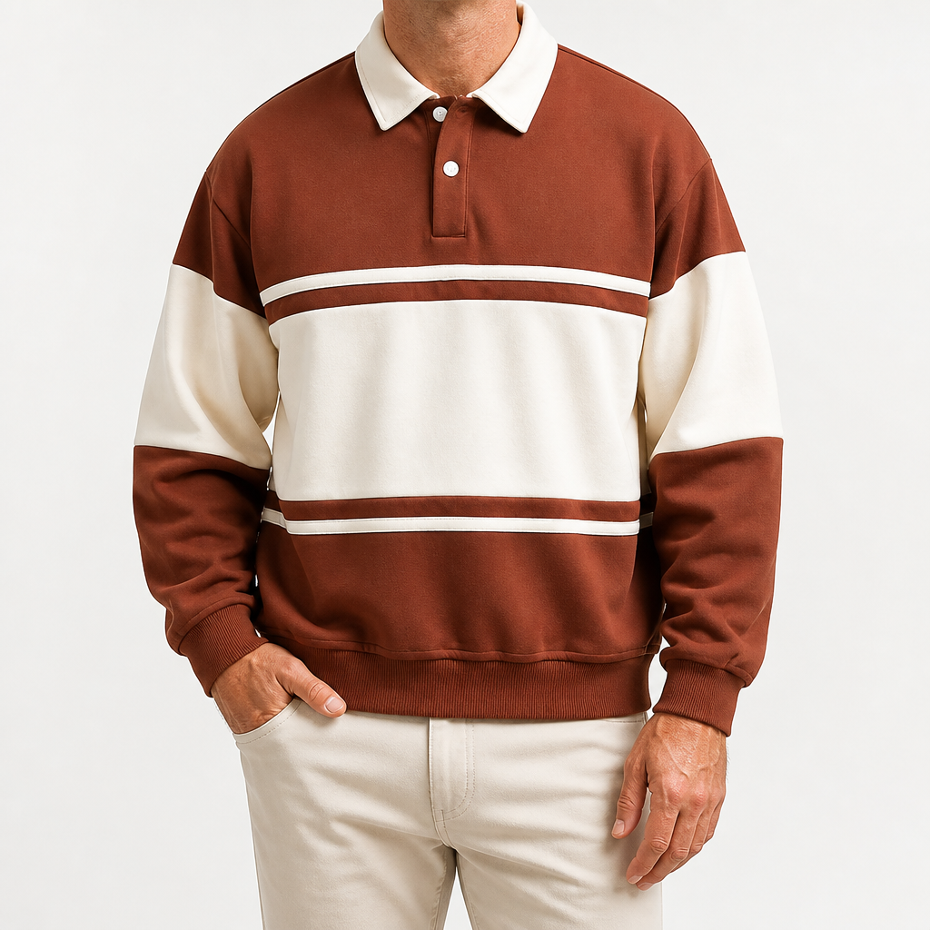 Aubrey | Mens Sweatshirt Striped Double Zip Pique Collar Sweatshirt, Brown