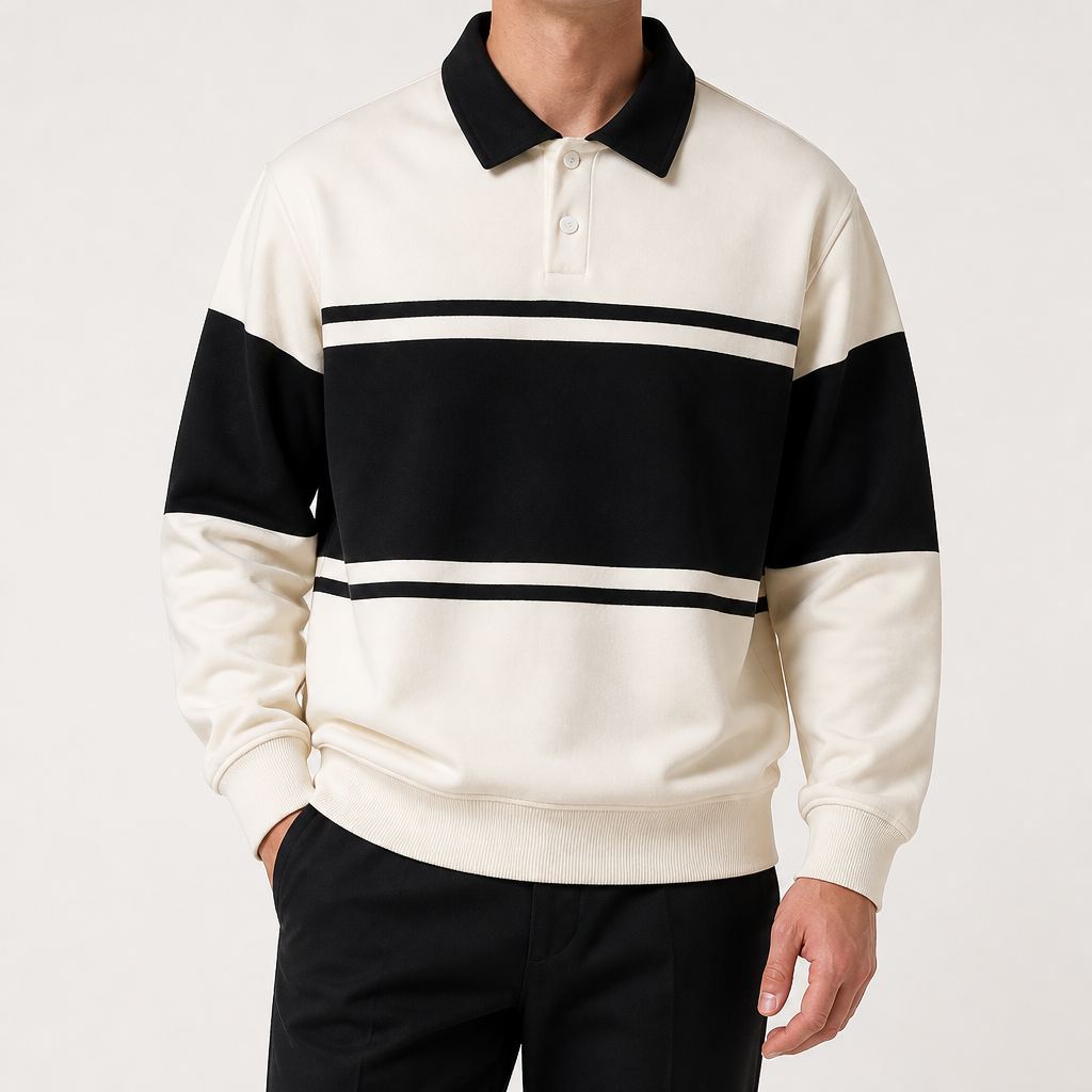 Aubrey | Mens Sweatshirt Striped Double Zip Pique Collar Sweatshirt, Cream
