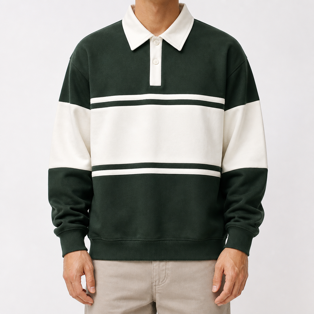 Aubrey | Mens Sweatshirt Striped Double Zip Pique Collar Sweatshirt, Dark Green
