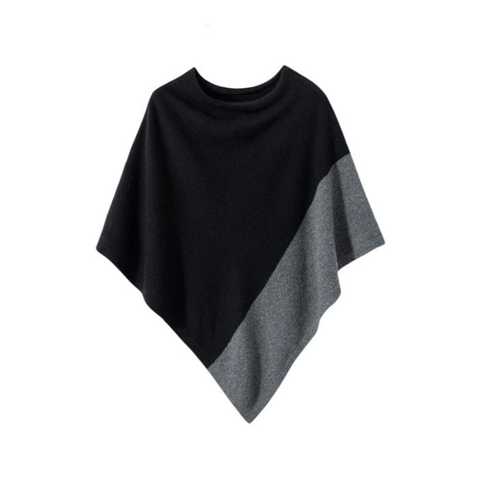 Aurelie | Womens Contrast Knitted Wrap Shawl Poncho Cape - Black