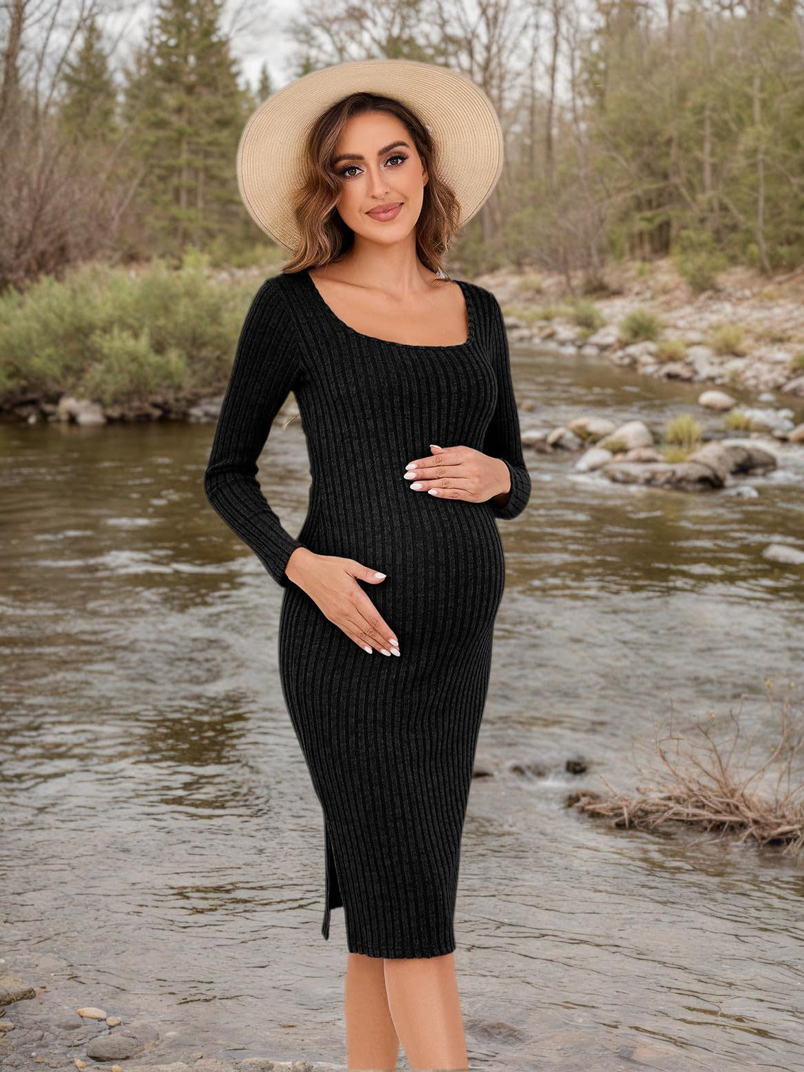 Aviana | Womens Maternity Ribbed Knit Long Sleeve Jumper Wedding Guest Dresses - 2