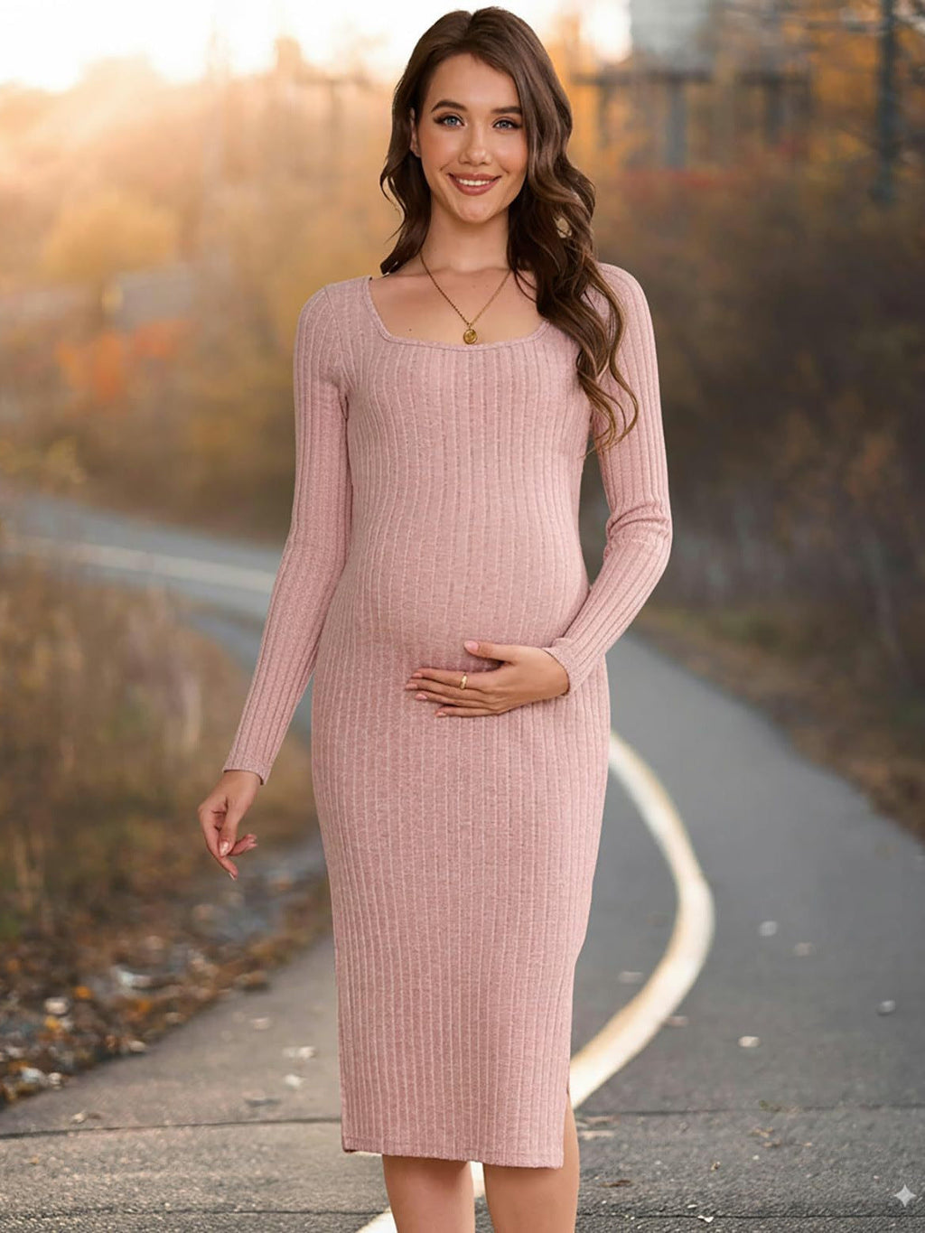 Aviana | Womens Maternity Ribbed Knit Long Sleeve Jumper Wedding Guest Dresses - 5