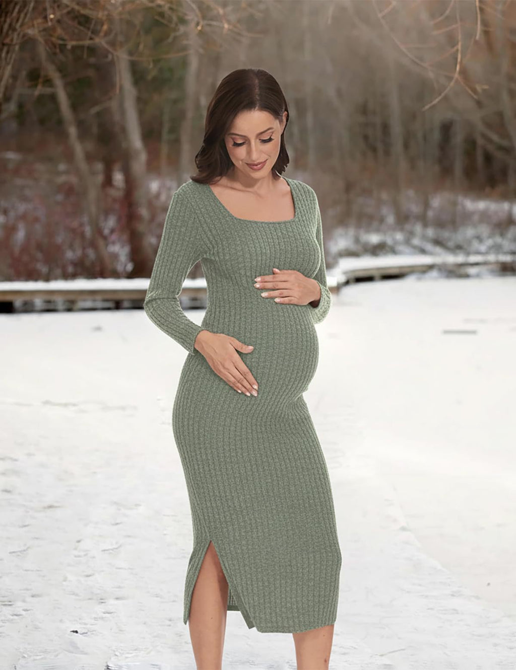 Aviana | Womens Maternity Ribbed Knit Long Sleeve Jumper Wedding Guest Dresses - 6