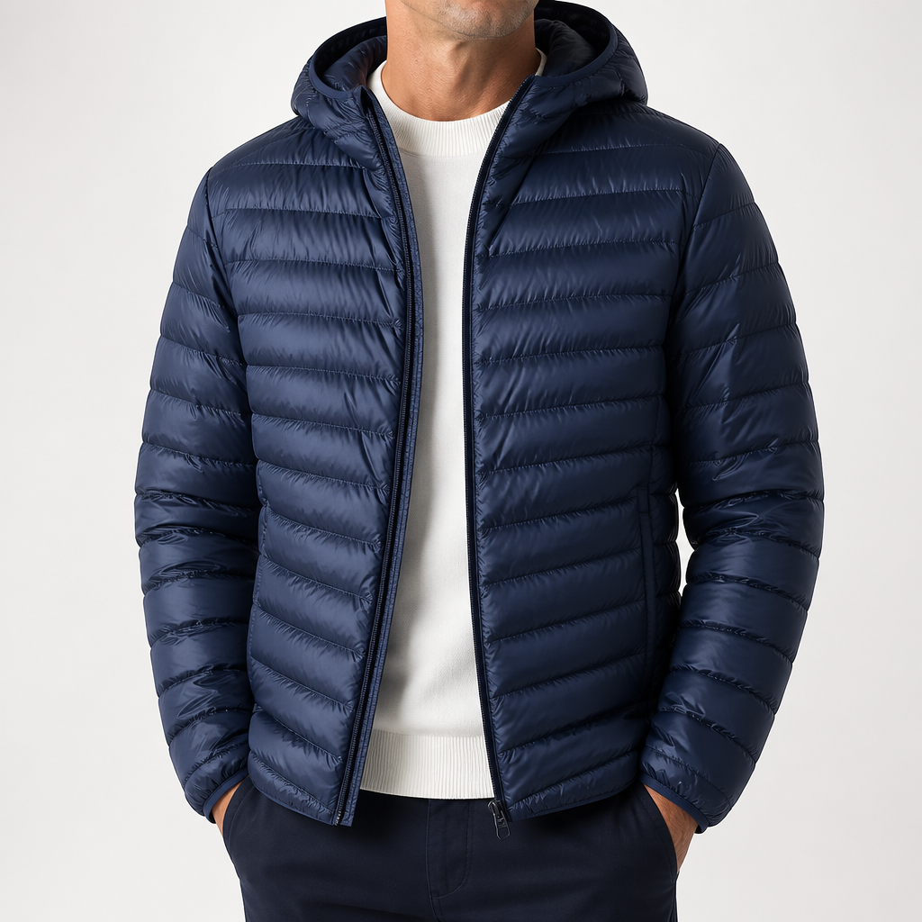 Barnaby | Mens Quilted Lightweight Puffer Winter Hooded Jacket, Navy Blue Hooded