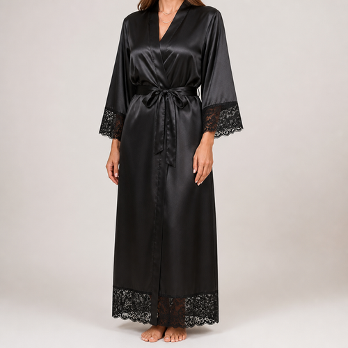 Barnaby | Womens Dressing Gown Satin Lace Robe Loungewear Nightwear, Black