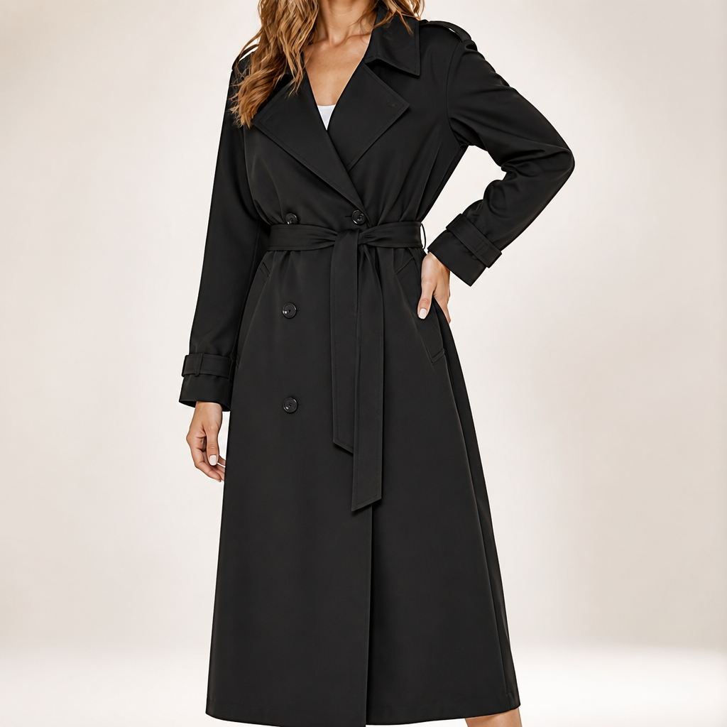 Beatrice | Womens Double Breasted Belted Black Longline Long Trench Coat, Black