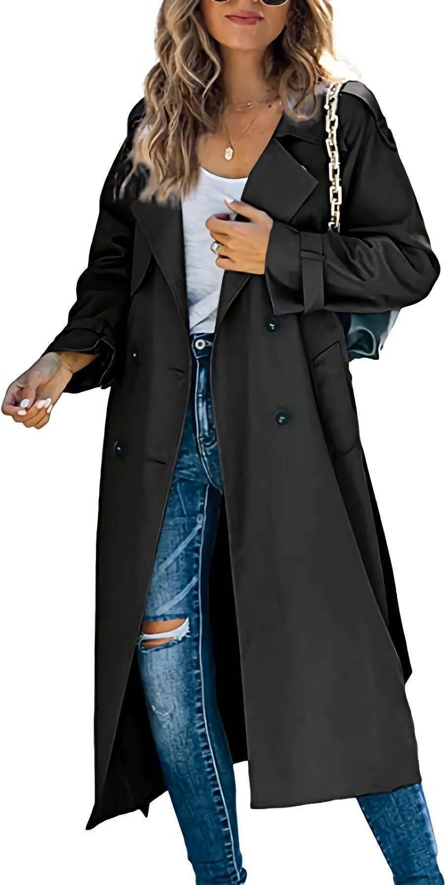 Beatrice | Womens Double Breasted Belted Long Trench Coat, Black