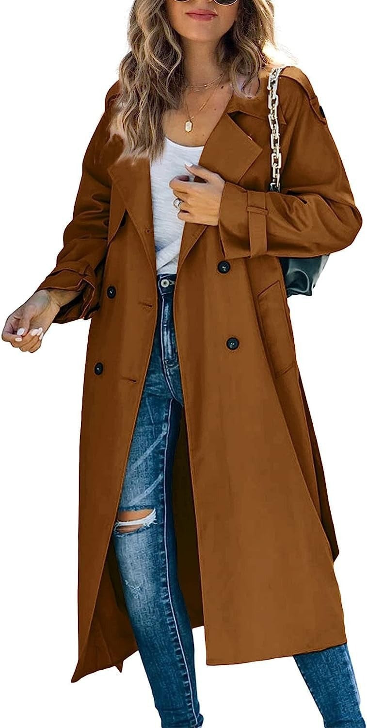 Beatrice | Womens Double Breasted Belted Long Trench Coat, Brown