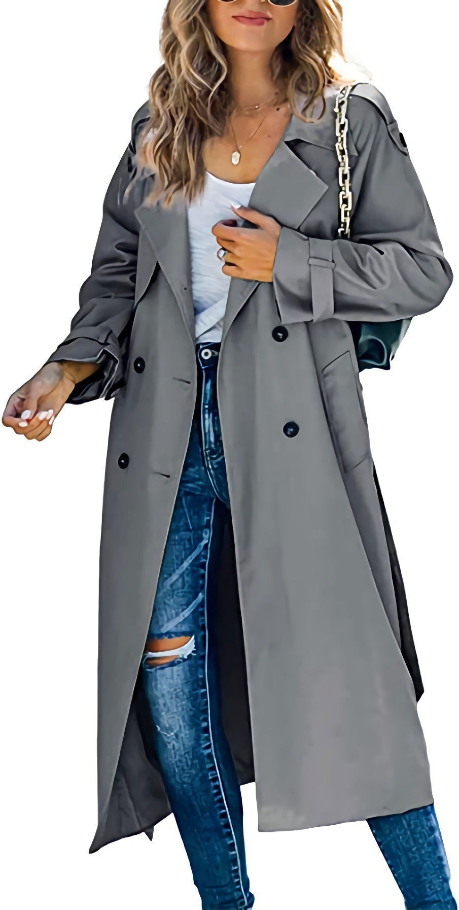 Beatrice | Womens Double Breasted Belted Long Trench Coat, Grey