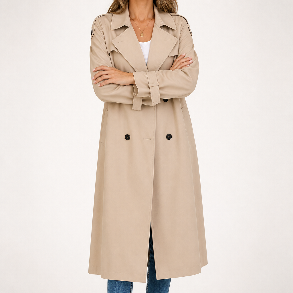 Beatrice | Womens Double Breasted Belted Black Longline Long Trench Coat, Khaki