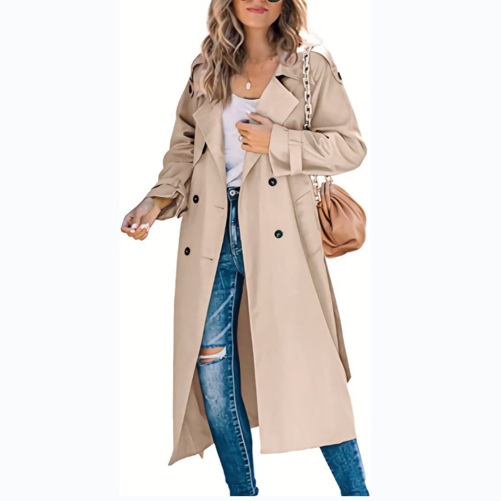 Beatrice | Womens Double Breasted Belted Long Trench Coat, Khaki