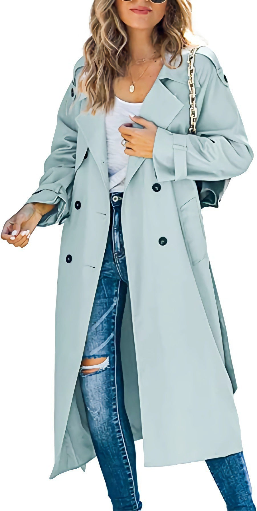 Beatrice | Womens Double Breasted Belted Long Trench Coat, Light Green
