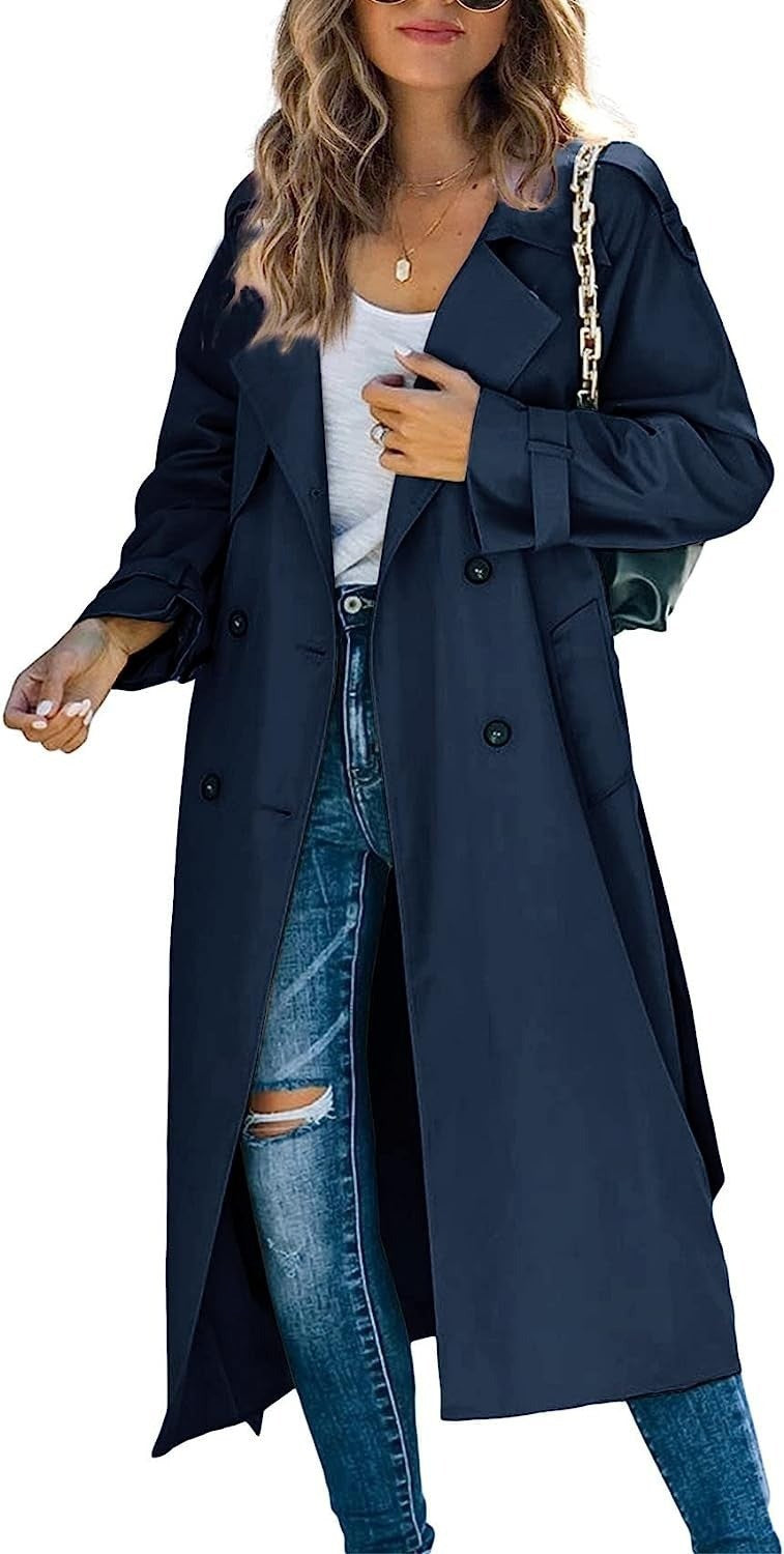 Beatrice | Womens Double Breasted Belted Long Trench Coat, Navy Blue