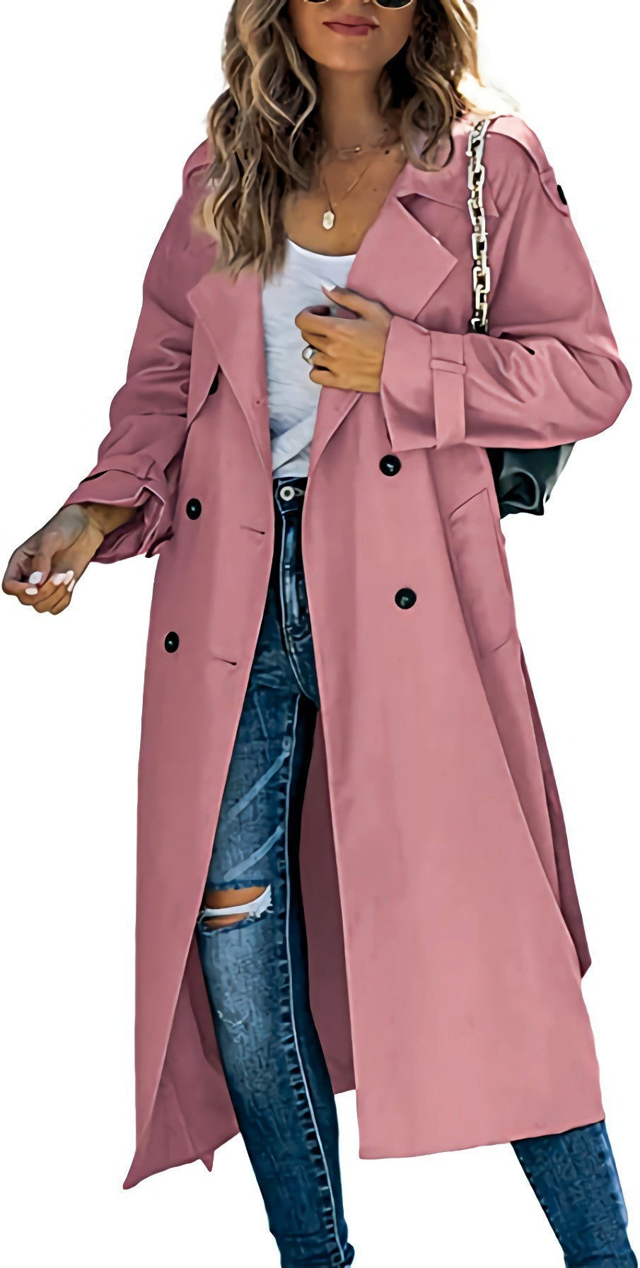 Beatrice | Womens Double Breasted Belted Long Trench Coat, Pink