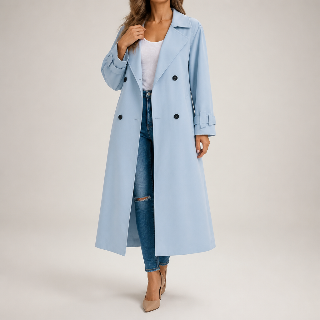 Beatrice | Womens Double Breasted Belted Black Longline Long Trench Coat, Sky Blue