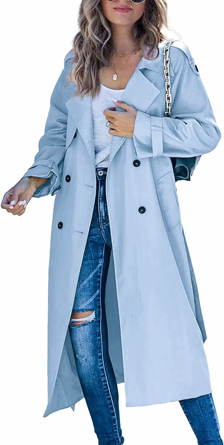 Beatrice | Womens Double Breasted Belted Long Trench Coat, Sky Blue