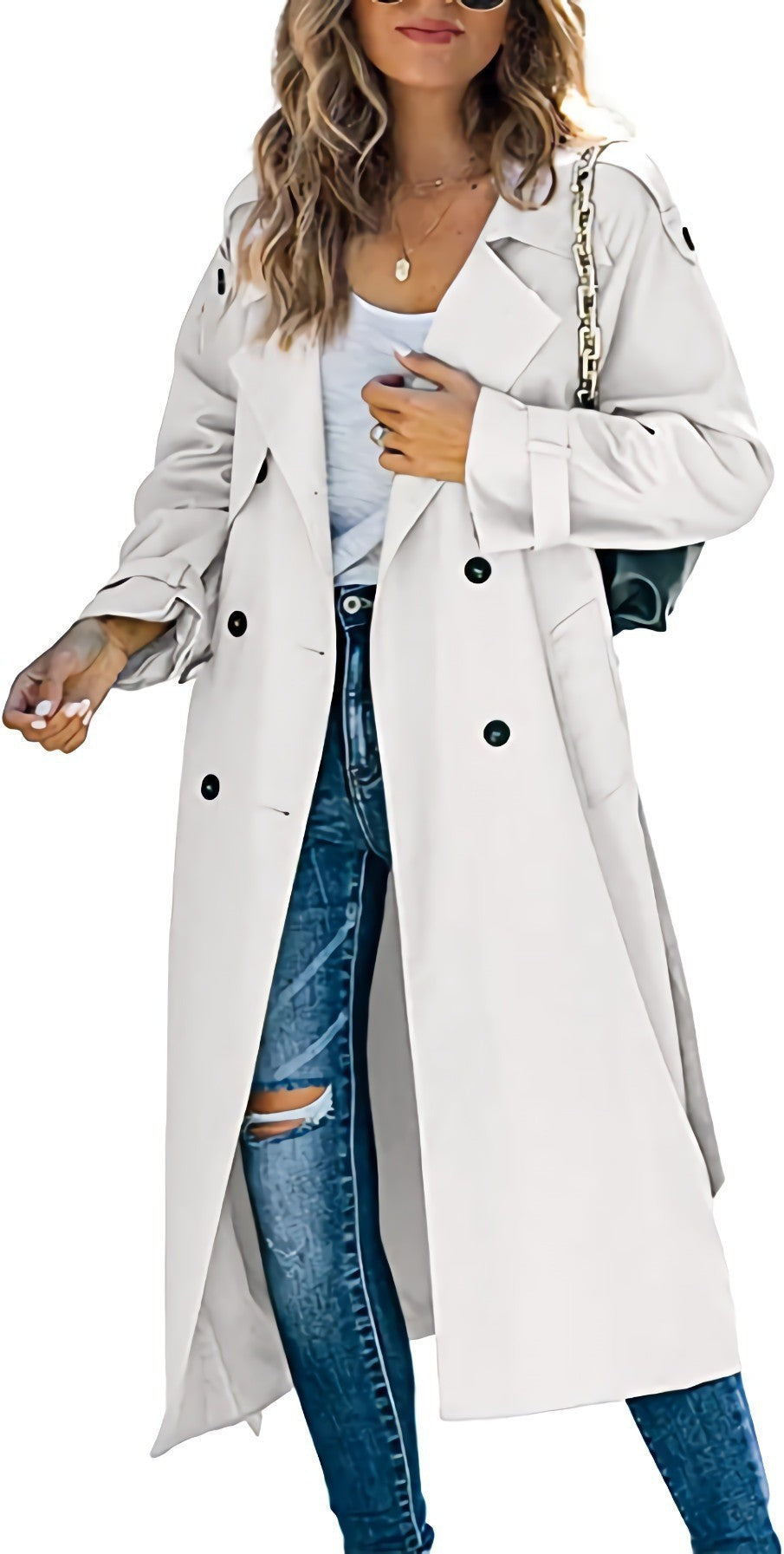 Beatrice | Womens Double Breasted Belted Long Trench Coat, White