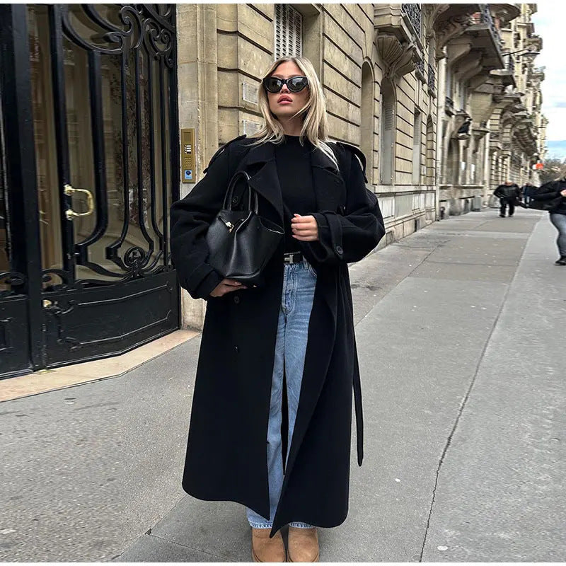 Beatrice | Womens Double Breasted Trench Long Coat - Black