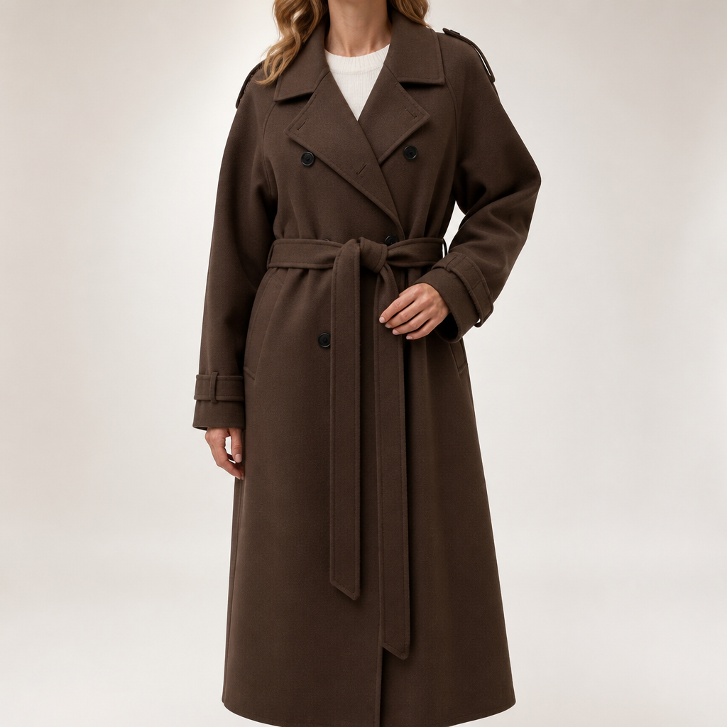 Beatrice | Womens Trench Coat Double Breasted Long Belted Coat, Dark Brown