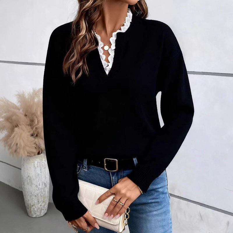 Beatrix | Womens Lace Trim V Neck Knitted Jumper Loose Long Sleeve - 10