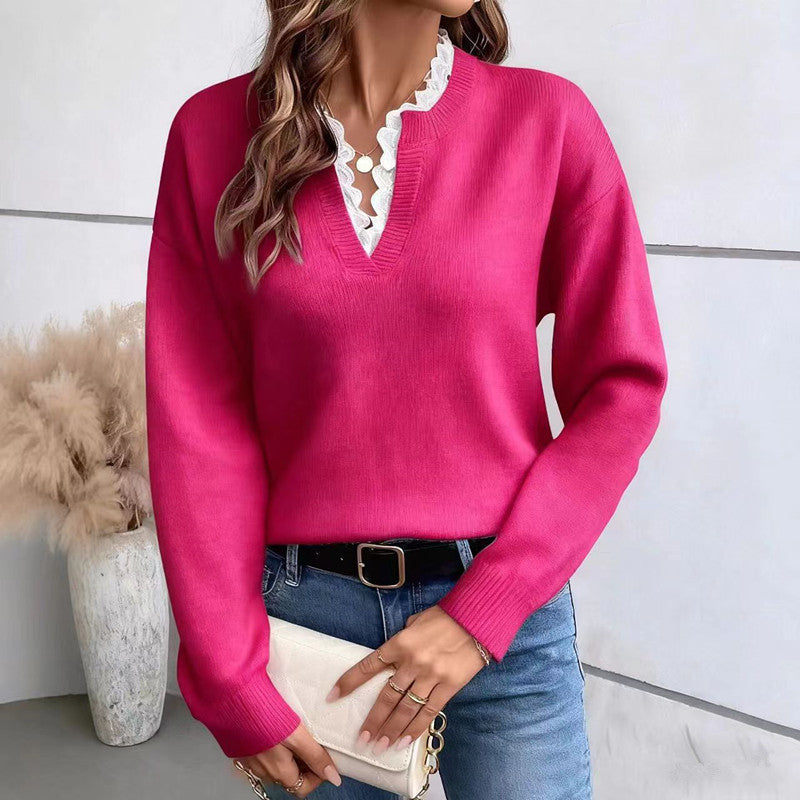 Beatrix | Womens Lace Trim V Neck Knitted Jumper Loose Long Sleeve - 2