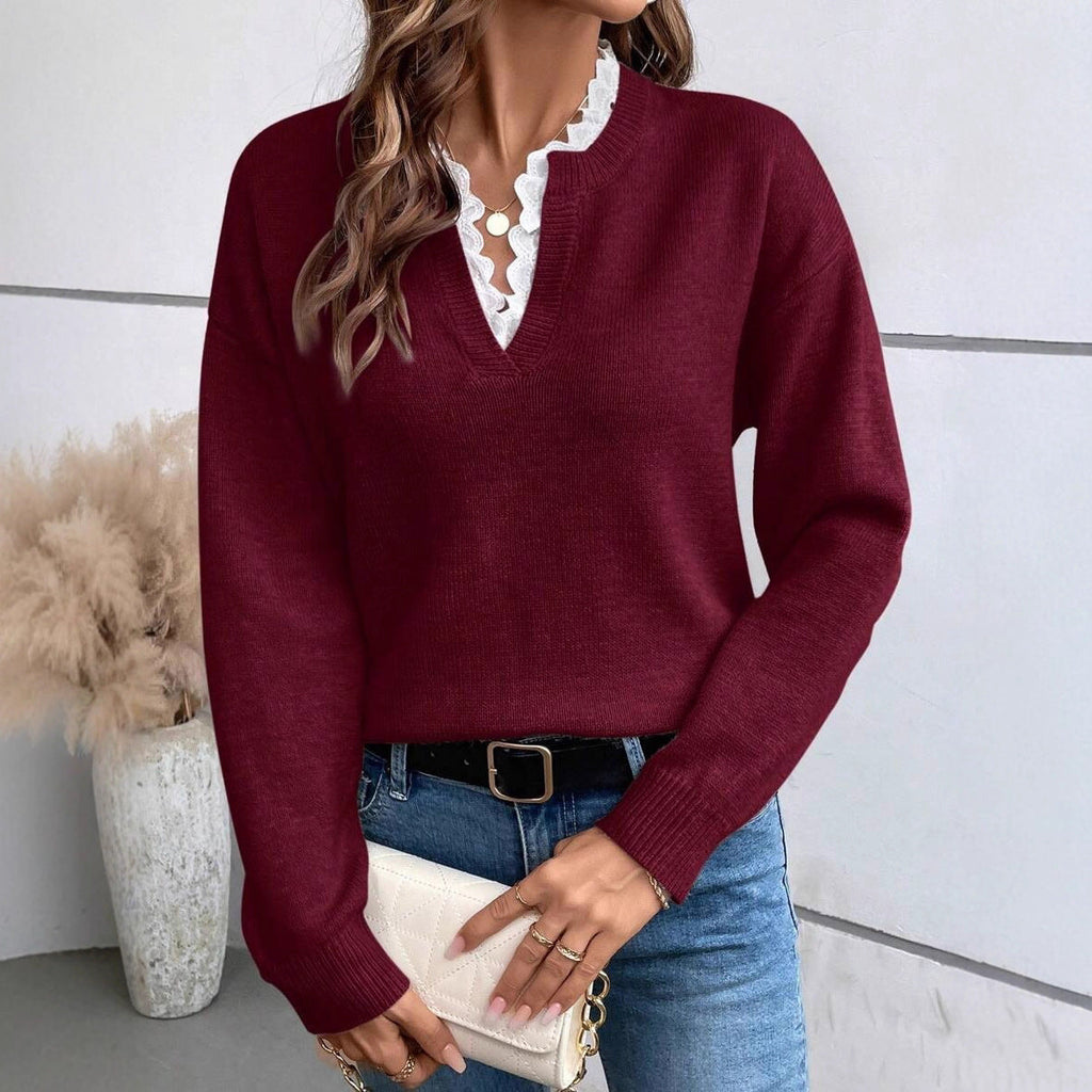 Beatrix | Womens Lace Trim V Neck Knitted Jumper Loose Long Sleeve - 8