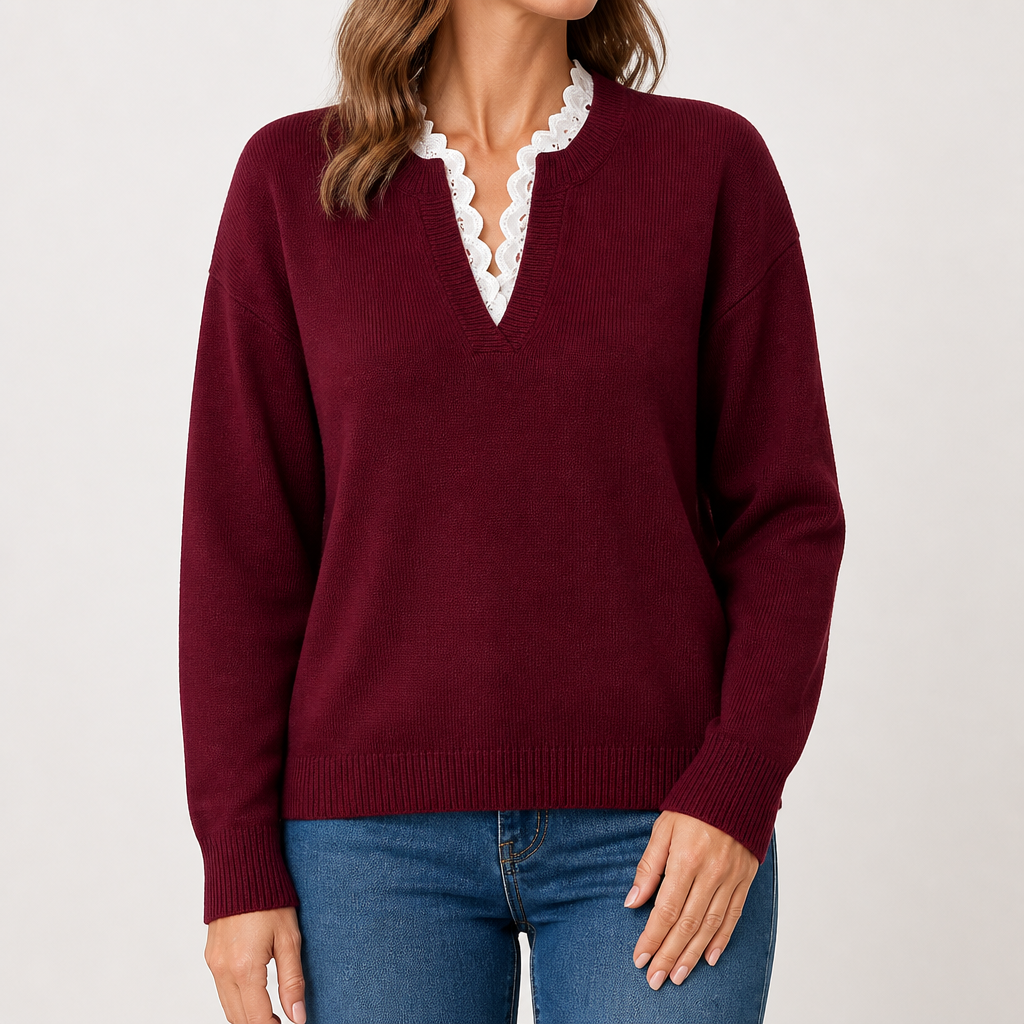 Beatrix | Womens Knitted Jumper V Neck Lace Trim Long Sleeve Sweater, Burgundy