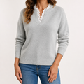Beatrix | Womens Knitted Jumper V Neck Lace Trim Long Sleeve Sweater, Silver Grey