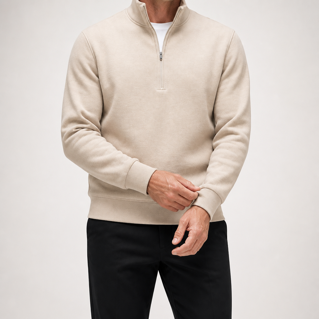 Beckett | Mens Quarter Zip Stand Collar Sweatshirt Pullover Knitted Jumper, Beige
