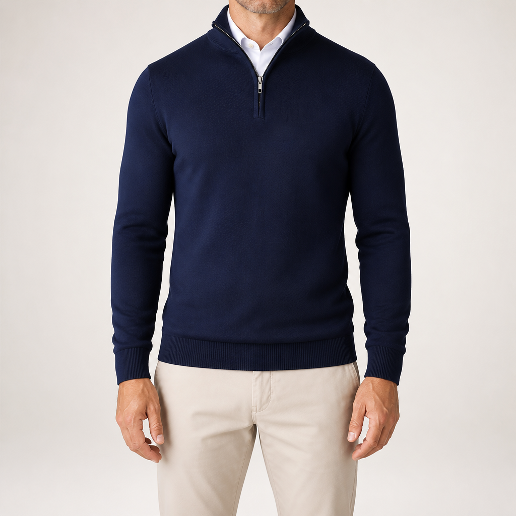 Beckett | Mens Quarter Zip Stand Collar Sweatshirt Pullover Knitted Jumper, Navy Blue