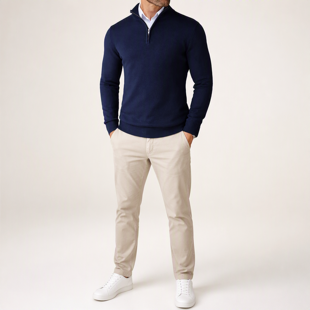 Beckett | Mens Quarter Zip Stand Collar Sweatshirt Pullover Knitted Jumper, Navy Blue