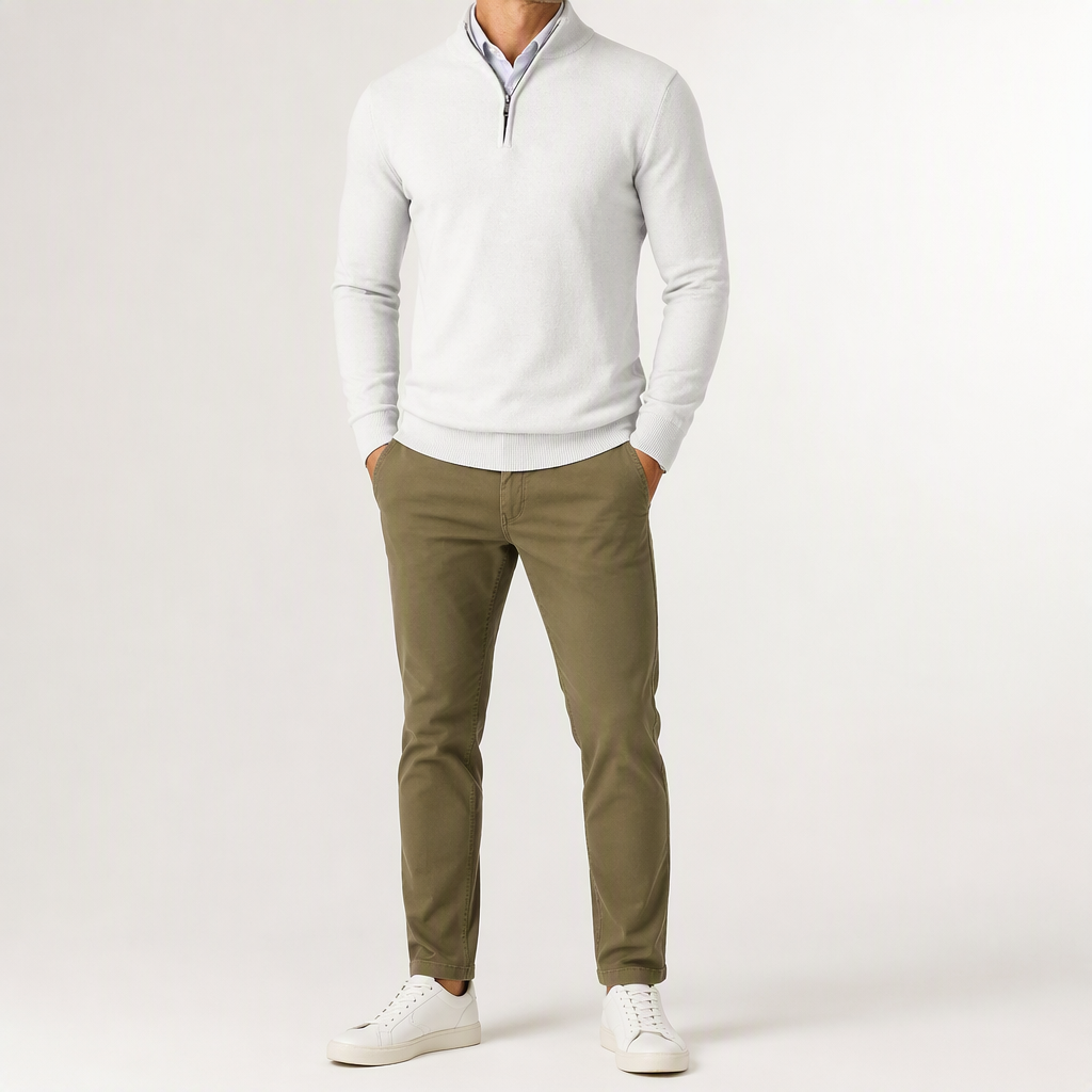 Beckett | Mens Quarter Zip Stand Collar Sweatshirt Pullover Knitted Jumper, White