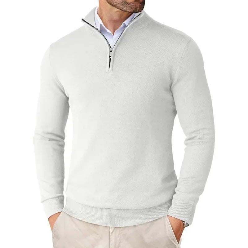 Beckett | Mens Quarter Zip Stand Collar Sweatshirt Pullover Knitted Jumper - White