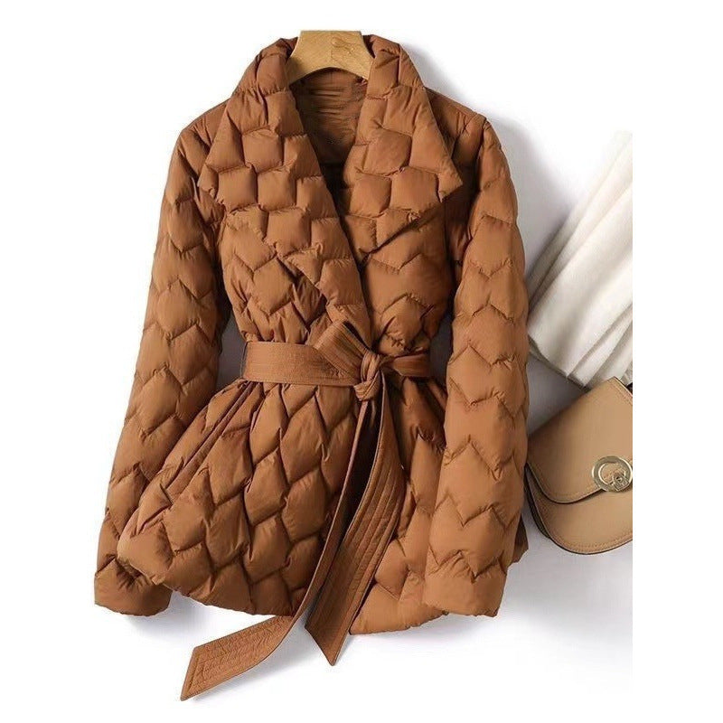 Bernadette | Womens Padded Waist Cinching Cotton Coat - Caramel