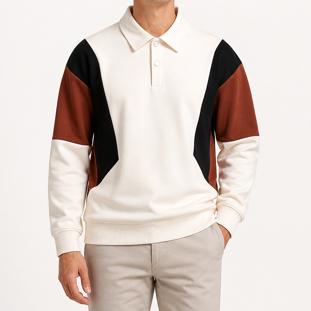 Bertram | Mens Polo Shirt Colour Block Long Sleeve Casual Collared Shirt, Apricot